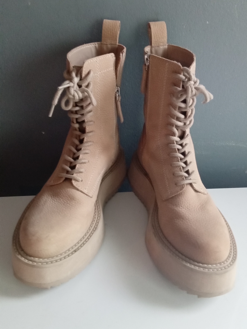 Beige Pebbled Leather Platform Combat Boots Lace Up Side Zip Lug Sole Tan - Picture 6 of 8